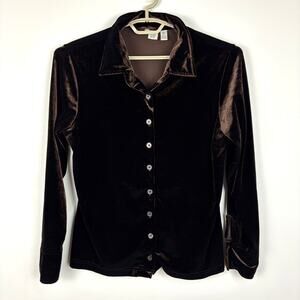 Vintage GAP Chocolate Brown velour button shirt Large 90s Y2K stretch